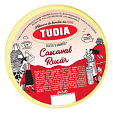 Round cheese label for Tudia - Rucar Cheese 400g, with Romanian text, traditional art, and nutritional info on a yellow and red background. Highlights authentic cow's milk cheese and honors classic cheese-making traditions.